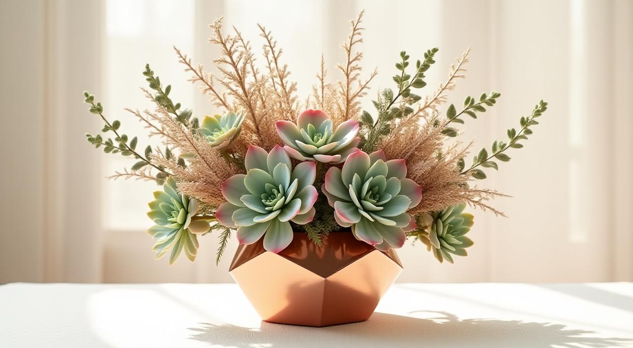 A stunning desert-themed floral arrangement with succulents and dried protea